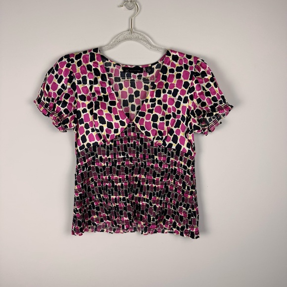 INC International Concepts Silk Blouse Sz 6 Smocked V-Neck‎  Giraffe Pattern - Picture 10 of 14